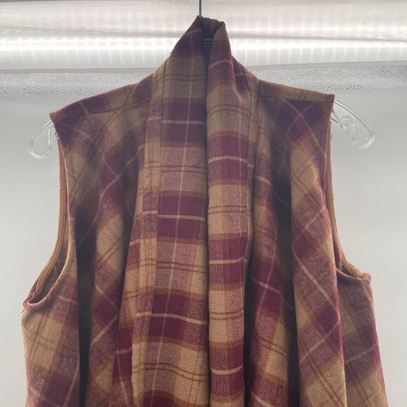 Entro Women's Plaid Sleeveless Cardigan Open Front Wine/Tan Size Small Fringe - Picture 2 of 8